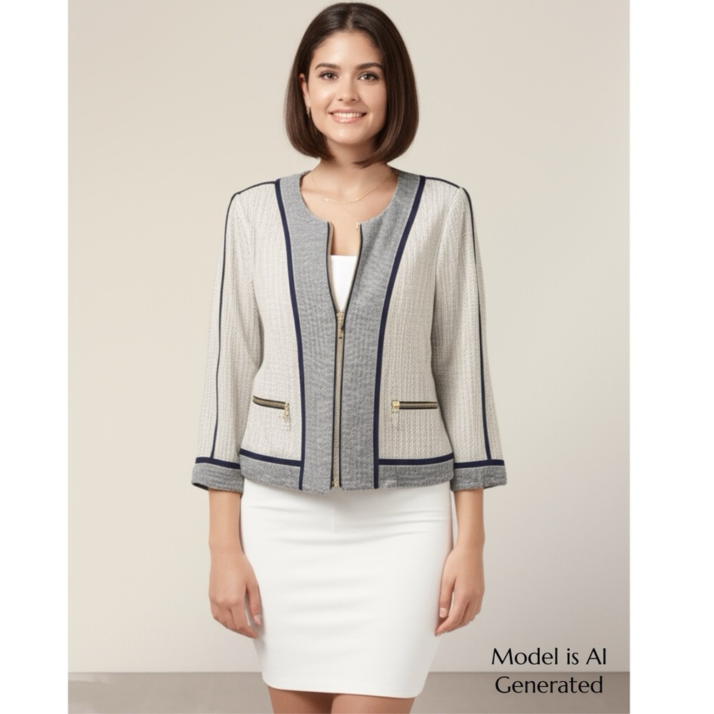 Karl Lagerfeld Cream Tweed Open-Front Jacket with Black Trim - Picture 14 of 15